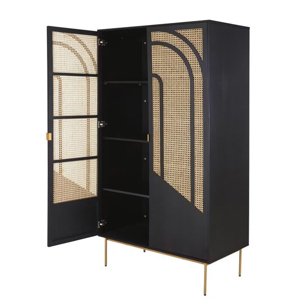 Шкаф 2-дверный в черном цвете с плетением и позолоченным металлом Loreto фото